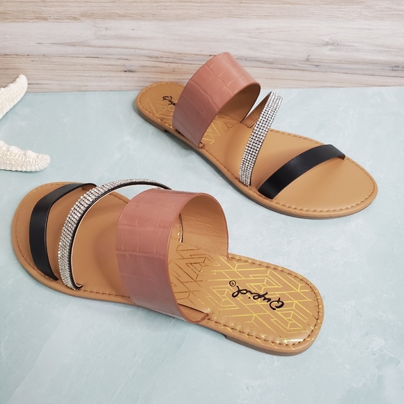 Shoes - NEW Mocha Rhinestone Triple Strap Slip on Sandal